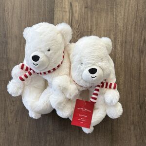 NWT Wondershop Plush Polar Bear Christmas Slippers with Scarf Kids Size M 2/3